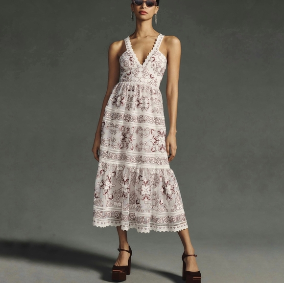 Anthropologie Dresses & Skirts - Anthropologie NWT Tiered V-Neck Embroidered Midi Summer Picnic Dress